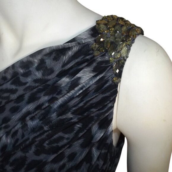 TADASHI SHOJI Evening Dress, XL, Grey Animal Print, Jeweled One Shoulder, Ruched - Picture 2 of 15